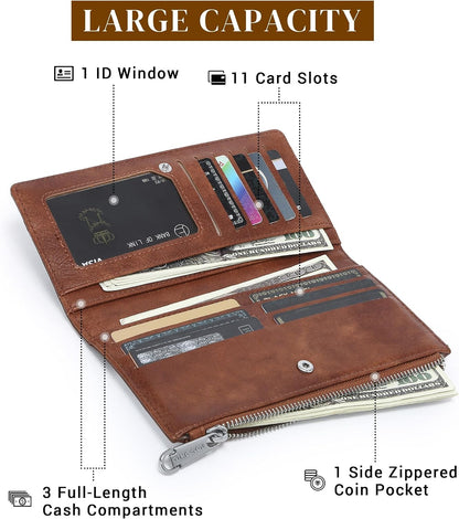 HOTCow Print Wallets for Women Slim Bifold Credit Card Holder - Card Cases Wallet with Smooth Zipper, Coin Pocket & ID Window - Money Organizer Cash Wallet, Signature Brown