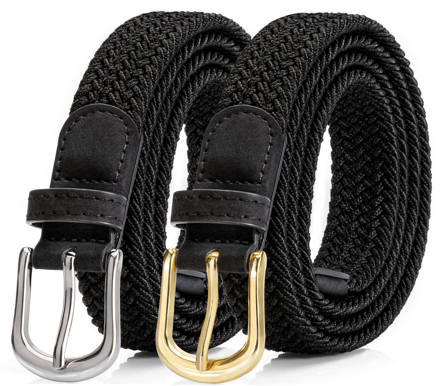 HOT2 Pack Braided Belt for Women, Elastic Woven Stretch Fabric Cloth Belt with Gold Buckle