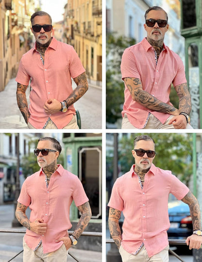 HOTPJ PAUL JONES Mens Short Sleeve Button Down Shirts Casual Summer Clothing | Linen Textured, Summer Beach Vacation Tops, Untucked Dress Shirt, Lightweight, Regular Fit, Fashion Resort Wear