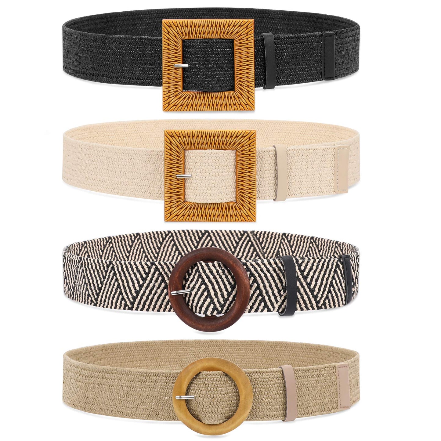 HOTWHIPPY Set of 3/4 Straw Woven Elastic Stretch Waist Belts for Women, Fashion Boho Ladies Braided Skinny Dress Belt