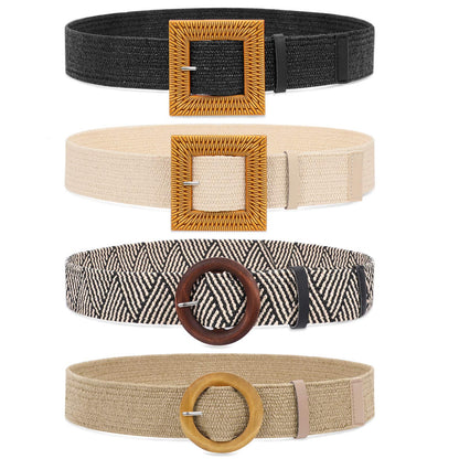 HOTWHIPPY Set of 3/4 Straw Woven Elastic Stretch Waist Belts for Women, Fashion Boho Ladies Braided Skinny Dress Belt
