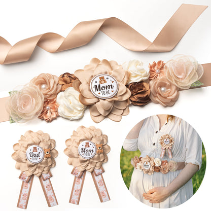 HOTBaby Shower Sash Decorations Mom to Be Corsage Gift Dad to Be Pin 3Pack Set Flower Belt for Maternity Dress - Gender Reveal Pregnancy Photo Props