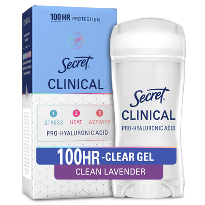 HOTSecret Clinical Strength 100HR Sweat & Odor, Clear Gel Antiperspirant Deodorant for Women, 3X Stress Protection with Hyaluronic Acid, PH Balancing Minerals, Completely Clean Scent, 2.6 oz
