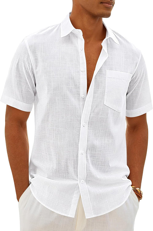 HOTMens Linen Textured Shirt Cotton Short Sleeve Summer Button Down Shirts | 100% Cotton, Linen-look Texture, Casual Wear, Breathable Feel, Lightweight, Untucked, Regular Fit, Beach, Vacation, Resort