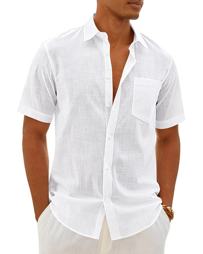 HOTMens Linen Textured Shirt Cotton Short Sleeve Summer Button Down Shirts | 100% Cotton, Linen-look Texture, Casual Wear, Breathable Feel, Lightweight, Untucked, Regular Fit, Beach, Vacation, Resort