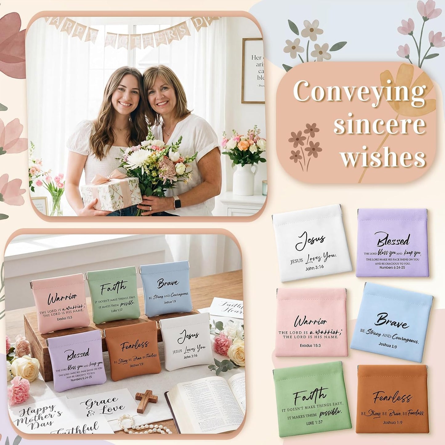 HOTTallew 24 Pcs Christian Mother's Day Gifts for Women Bulk Religious Coin Purse Faith Mini Leather Squeeze Coin Pouches Bible Verse Gifts Church Party Favors Scripture Small Makeup Bags for Mom Travel