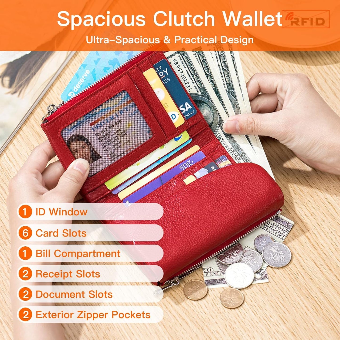 HOTGenuine Leather Wallet for women, RFID Blocking Soft Leather Bifold Compact Card Holder Wallet with Zipper Coin Pocket ID Window (Green)