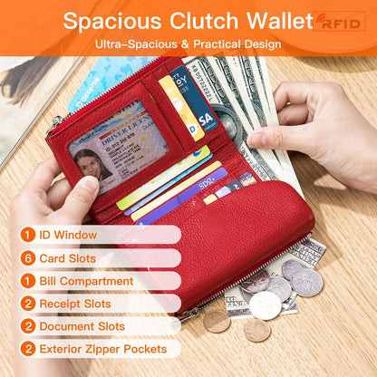 HOTGenuine Leather Wallet for women, RFID Blocking Soft Leather Bifold Compact Card Holder Wallet with Zipper Coin Pocket ID Window (Green)