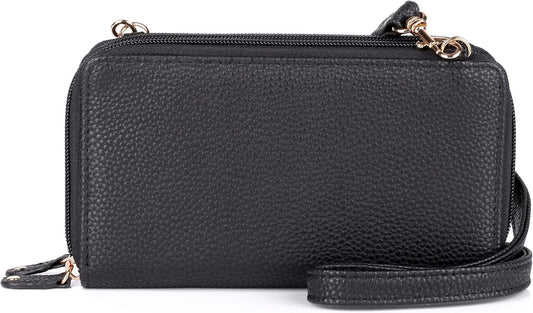 HOTJulia Buxton RFID Blocking Wallet on a String for Women - Compact Crossbody Bag with Removable Wristlet Strap, 15 Card Slots & Multiple Zip Pockets, Black