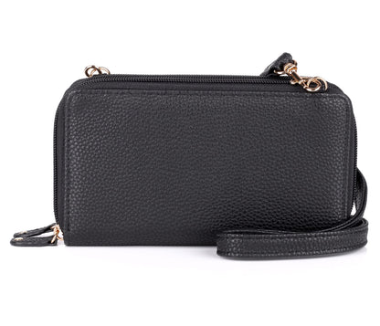 HOTJulia Buxton RFID Blocking Wallet on a String for Women - Compact Crossbody Bag with Removable Wristlet Strap, 15 Card Slots & Multiple Zip Pockets, Black