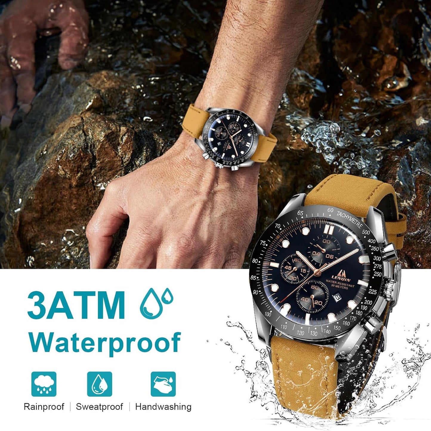 HOTLN LENQIN Mens Watches Leather Watch Analog Quartz Watch for Men Luminous Luxury Fashion Business Casual 30M Waterproof Men's Wrist Watches with Date