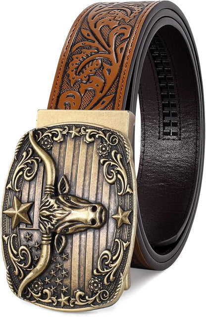 HOTSANSTHS Western Cowboy Ratchet Belts for Men Women Leather Cowboy Belt with Automatic Western Buckle for Jeans Gifts