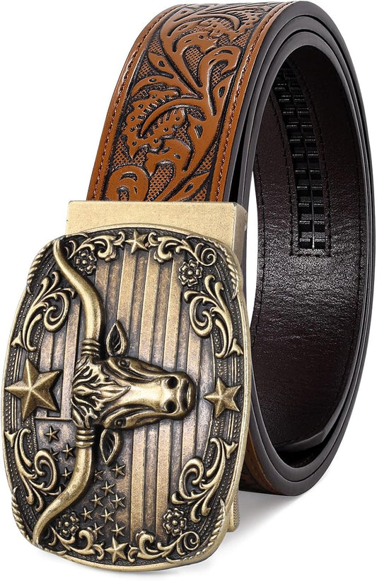 HOTSANSTHS Western Cowboy Ratchet Belts for Men Women Leather Cowboy Belt with Automatic Western Buckle for Jeans Gifts