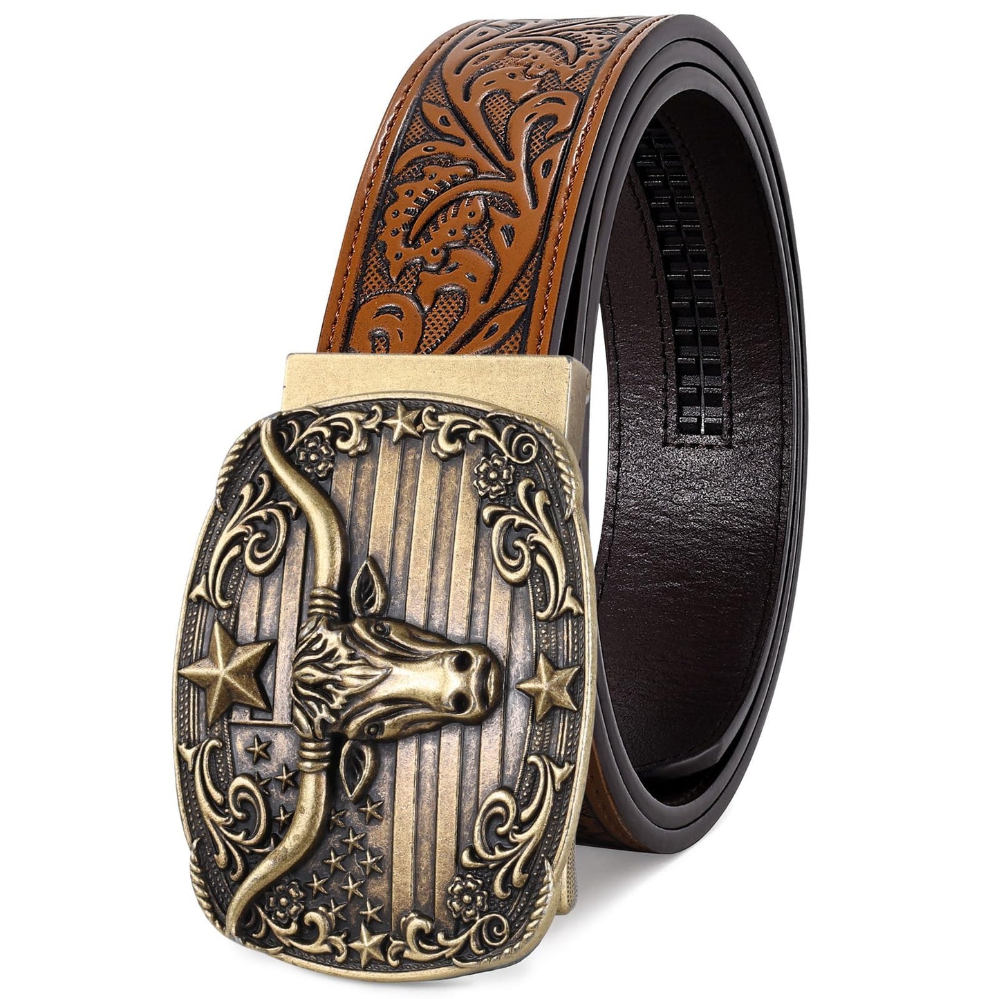 HOTSANSTHS Western Cowboy Ratchet Belts for Men Women Leather Cowboy Belt with Automatic Western Buckle for Jeans Gifts