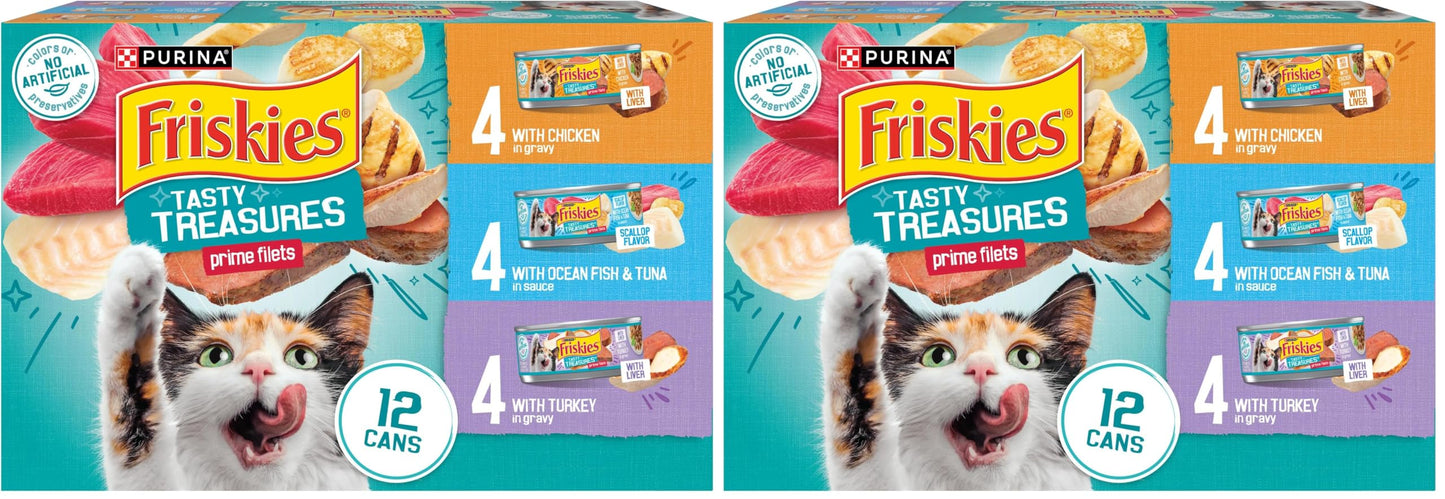 HOTPurina Friskies Wet Cat Food Variety Pack, Tasty Treasures Prime Filets (With Ocean Fish and Tuna, With Chicken and With Turkey) - 5.5 Ounce (Pack of 12)