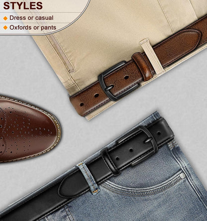 HOTBULLIANT 2-Pack Leather Belt for Men 1 3/8"-7 Eyelets-Gift Boxed | 7 Grommets Adjustable Range | Versatile for Golf Dress Casual Jeans