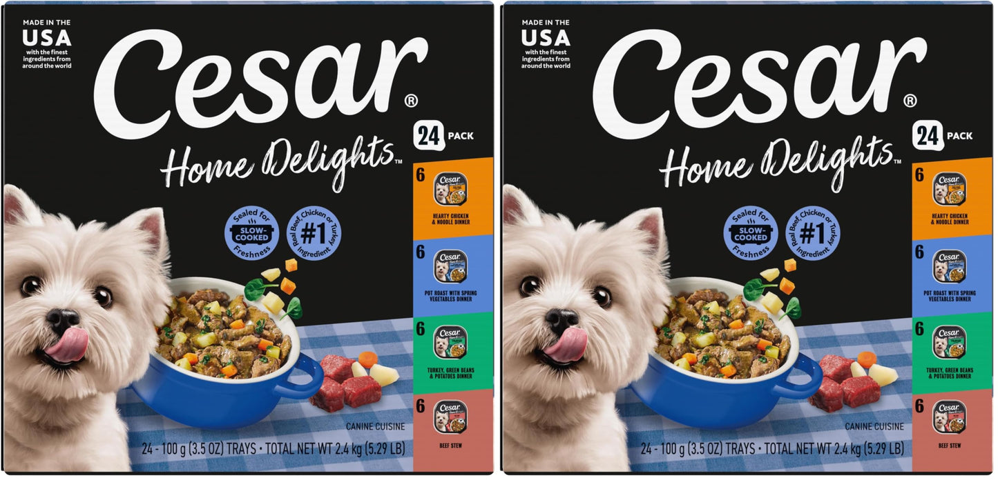 HOTCesar Home Delights Wet Dog Food, Dinner and Stew Variety, 3.5 oz, 24 Count | Real meat #1 ingredient, no fillers, no added sugar, no artificial flavors, complete & balanced, easy peel trays