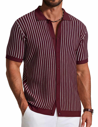 HOTCOOFANDY Mens Knit Button Down Shirts Short Sleeve Polo Shirt Vintage Striped Casual Shirts