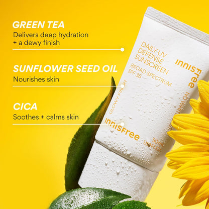 HOTinnisfree Daily UV Defense SPF 50+ PA++++ Korean Face & Body Sunscreen, Broad Spectrum, Invisible Finish, No White Cast, Lightweight, Hydrating