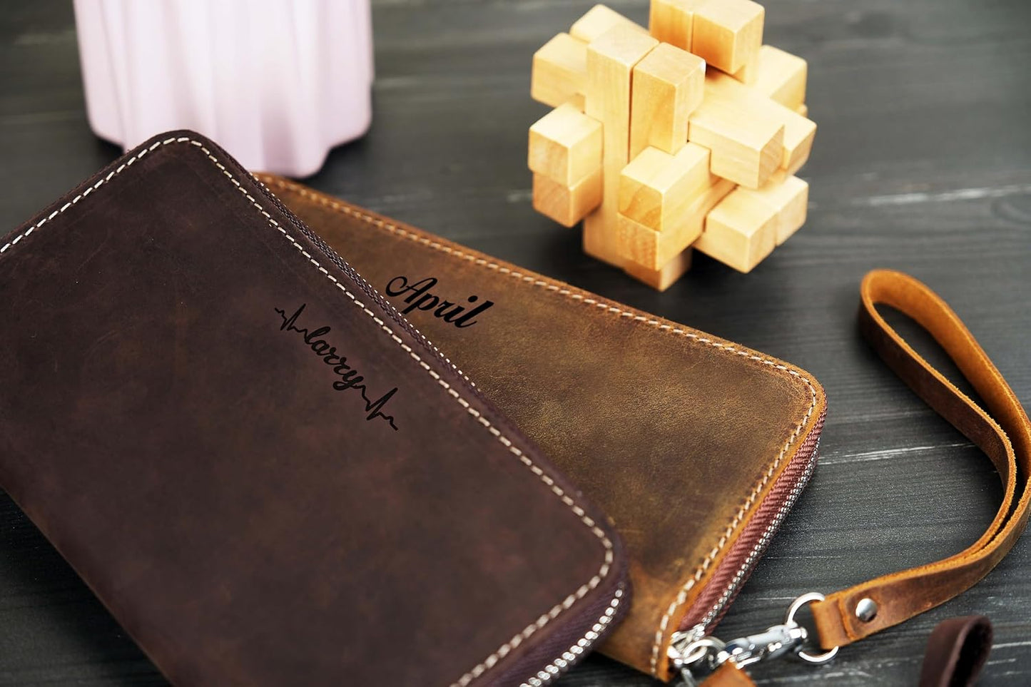 HOTCustom Women Leather Wallet Personalized Engraved Clutch with Zipper Handmade Crazy Horse Leather Purse (Brown)