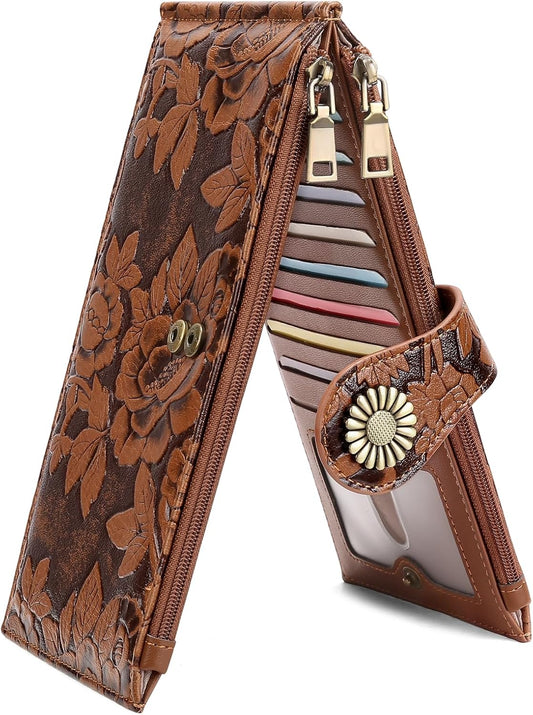 HOTFALAN MULE Slim Wallet for Women RFID Blocking Bifold Leather Card Holder | Vegan Leather RFID Wallet Women Ladies Clutch Purse Multi Card Wallet Case with 2 Zipper Pockets
