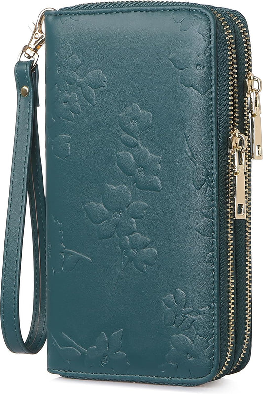 HOTyiijay Womens Wallet RFID Blocking Large Capacity Vegan Leather Double Zip Wristlet Wallet Card Holder Travel Ladies Clutch