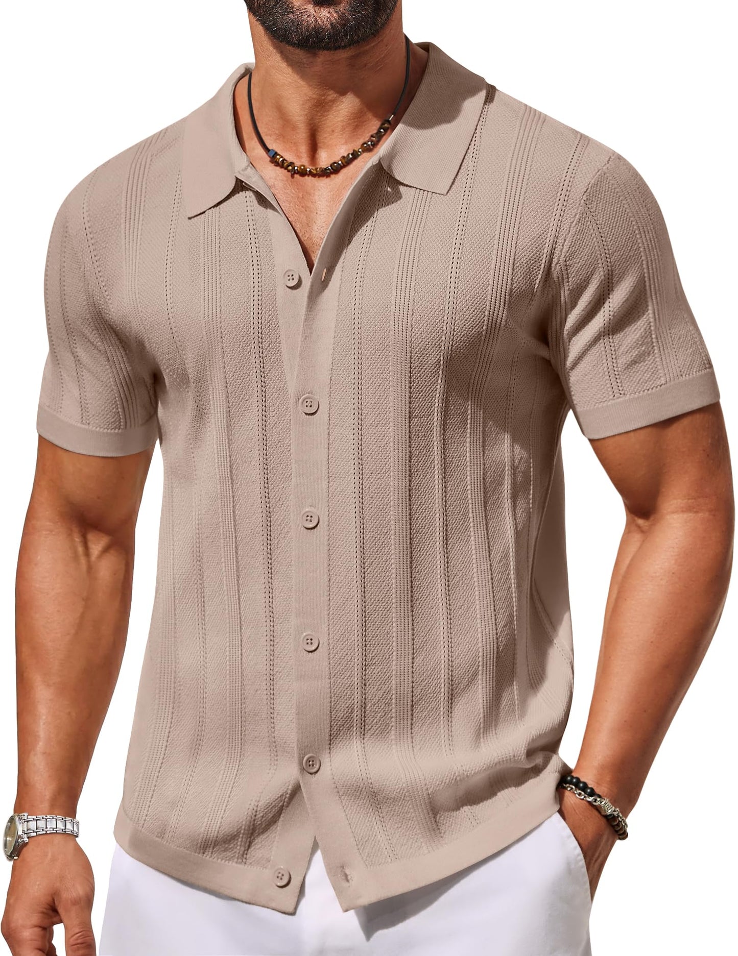 HOTCOOFANDY Men's Knit Button Down Shirts Short Sleeve Polo Shirt Casual Vacation Summer Beach Shirts
