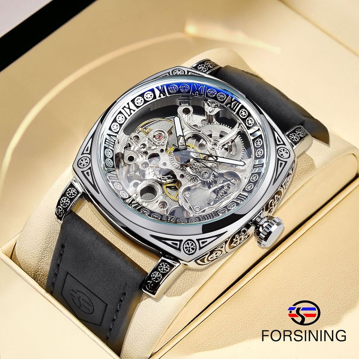 HOTFORSINING Watches for Man, Square Retro Mechanical Watch Self-Wind Carved, Skeleton Automatic Watches Vintage Leather Strap Wristwatch