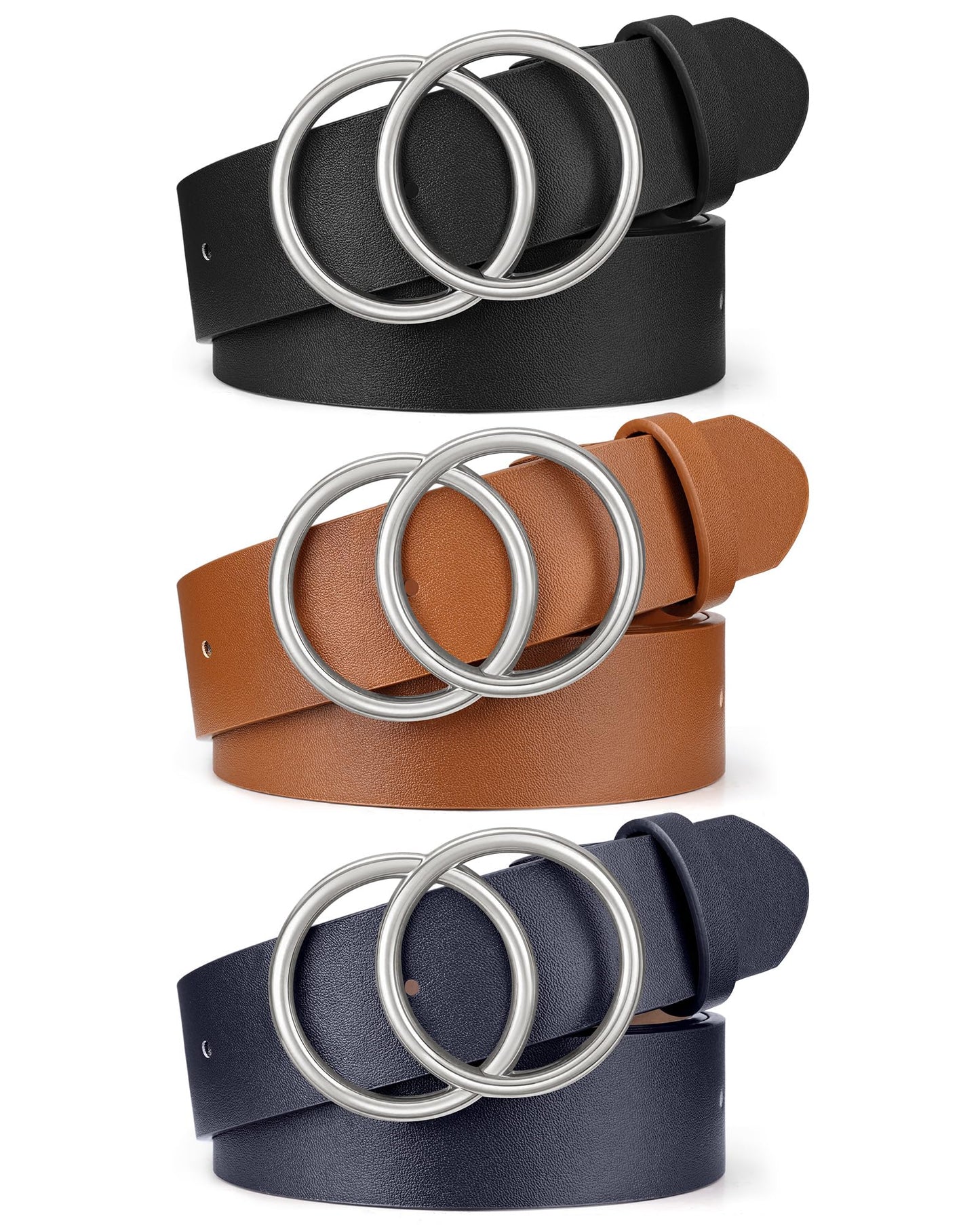 HOTXZQTIVE 3 Packs Women's Leather Belts For Jeans Dresses Pants Fashion Ladies Waist Belt with Double O-Ring Gold Buckle