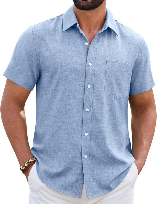 HOTMens Linen Shirt Short Sleeve Wrinkle Free Casual Untucked Button Down Shirts Beach Breathable Tops Summer