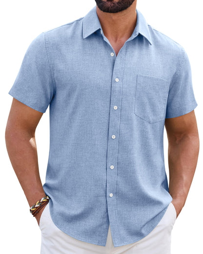 HOTMens Linen Shirt Short Sleeve Wrinkle Free Casual Untucked Button Down Shirts Beach Breathable Tops Summer