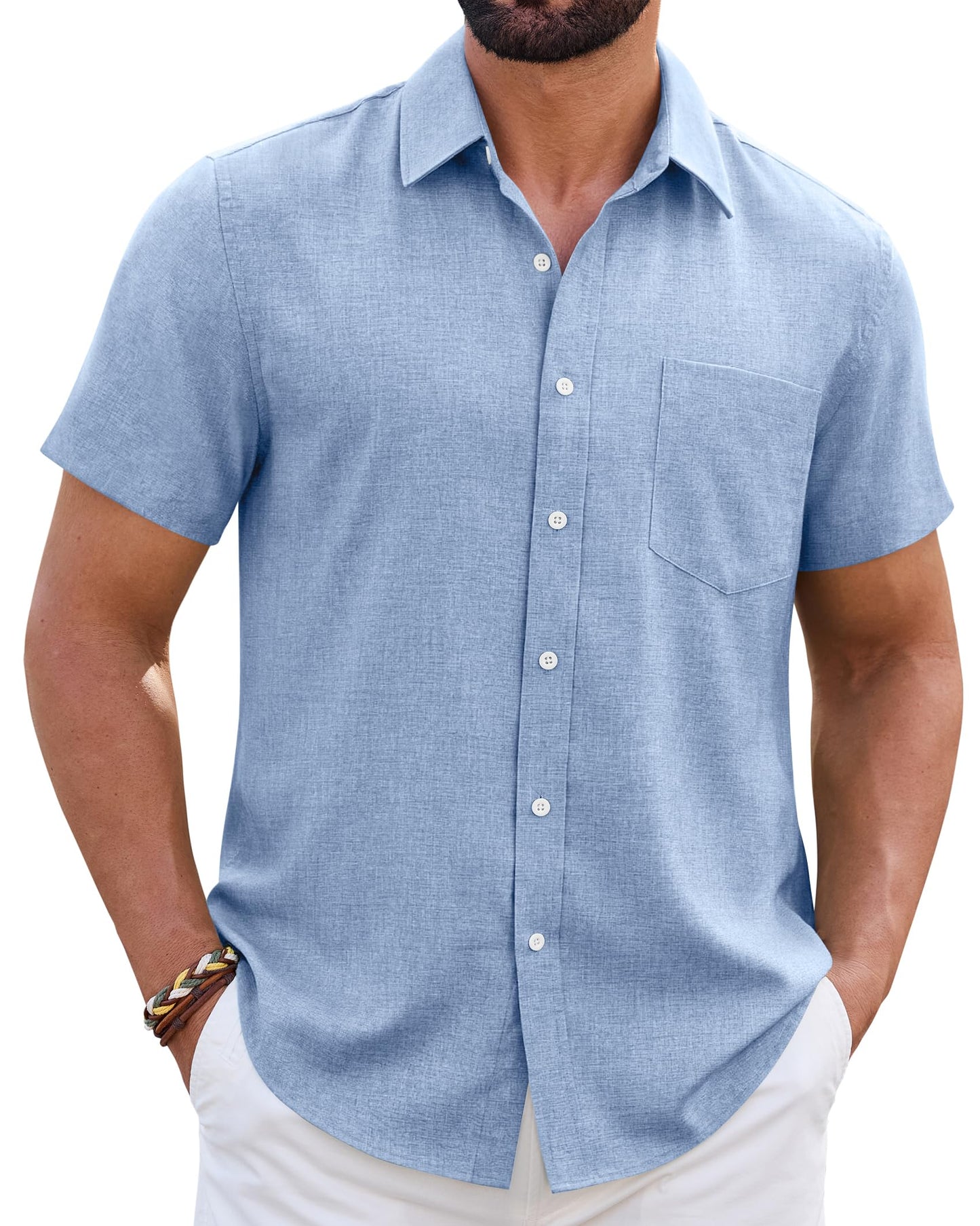 HOTMens Linen Shirt Short Sleeve Wrinkle Free Casual Untucked Button Down Shirts Beach Breathable Tops Summer