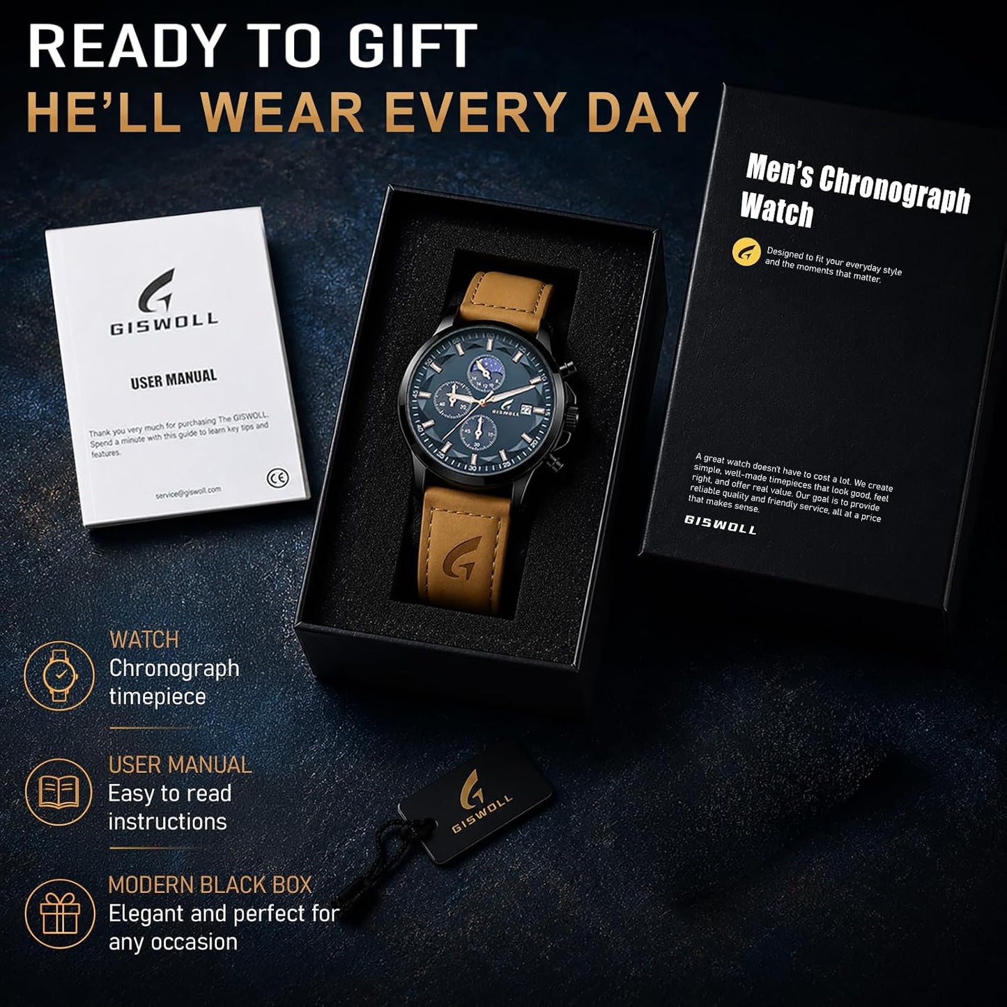 HOTFashion Casual Analog Watches for Men with Functional Chronograph Subdials | Mens Watches with Decorative Sun-Moon Dial, Auto Date, Dual Timers, Luminous, Waterproof, Gifts for Men Dad Husband Boyfriend
