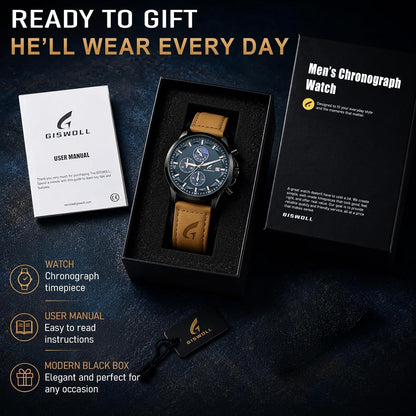 HOTFashion Casual Analog Watches for Men with Functional Chronograph Subdials | Mens Watches with Decorative Sun-Moon Dial, Auto Date, Dual Timers, Luminous, Waterproof, Gifts for Men Dad Husband Boyfriend
