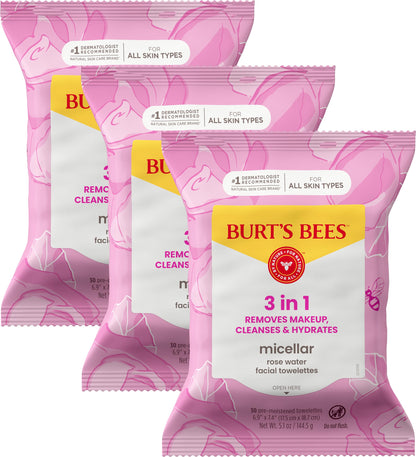 HOTBurts Bees Micellar Rose Water Facial Towelettes, 100% Plant Based Cloth; 99% Natural Origin; Remove Makeup, Cleanse, Hydrate; No Greasy, Oily Residue; All Skin Types; 30 Ct, Pack of 3 (Pack May Vary)