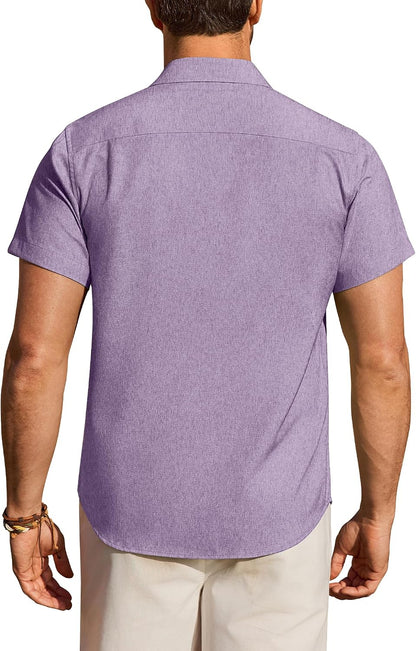 HOTMens Linen Shirt Short Sleeve Wrinkle Free Casual Untucked Button Down Shirts Beach Breathable Tops Summer