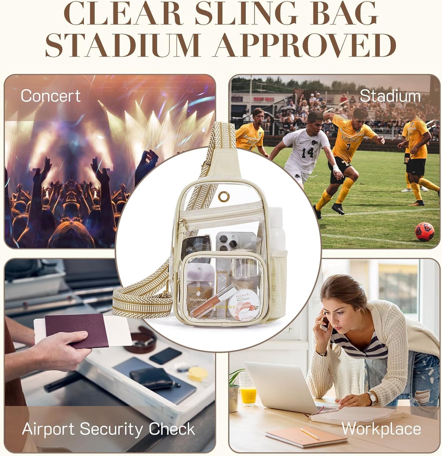 HOTMissnine Clear Bag for Stadium Events Clear Sling Bag Fanny Pack Crossbody Purse for Sport Concert with Side Mesh Pocket