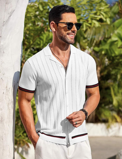HOTCOOFANDY Men's Short Sleeve Knit Shirt Casual Button Down Shirt Vintage Striped Knitted Golf Beach Tops