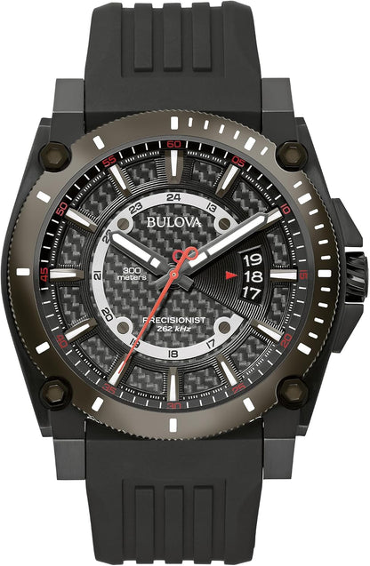 HOTBulova Men's Icon High Performance Quartz Chronograph Black Stainless Steel Watch with Polyurethane Strap, Black Dial Style: 98B417