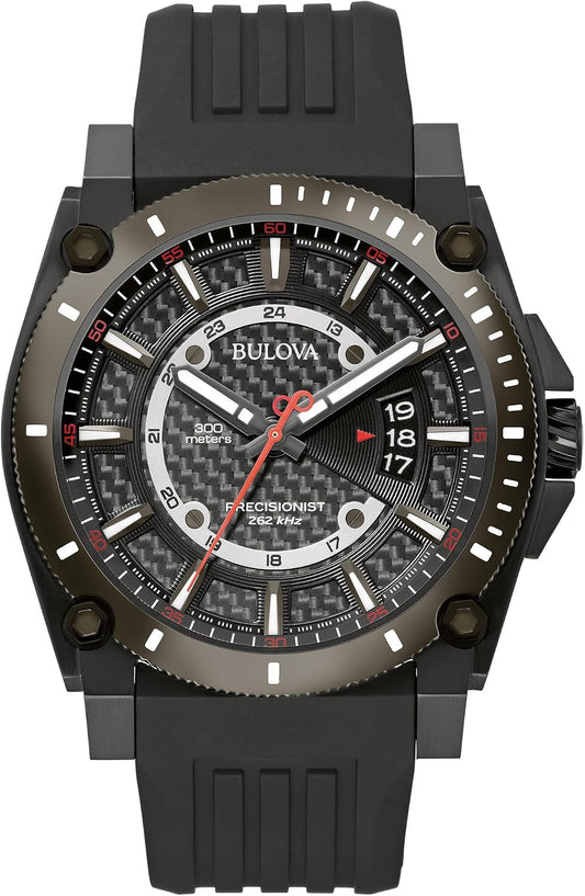 HOTBulova Men's Icon High Performance Quartz Chronograph Black Stainless Steel Watch with Polyurethane Strap, Black Dial Style: 98B417