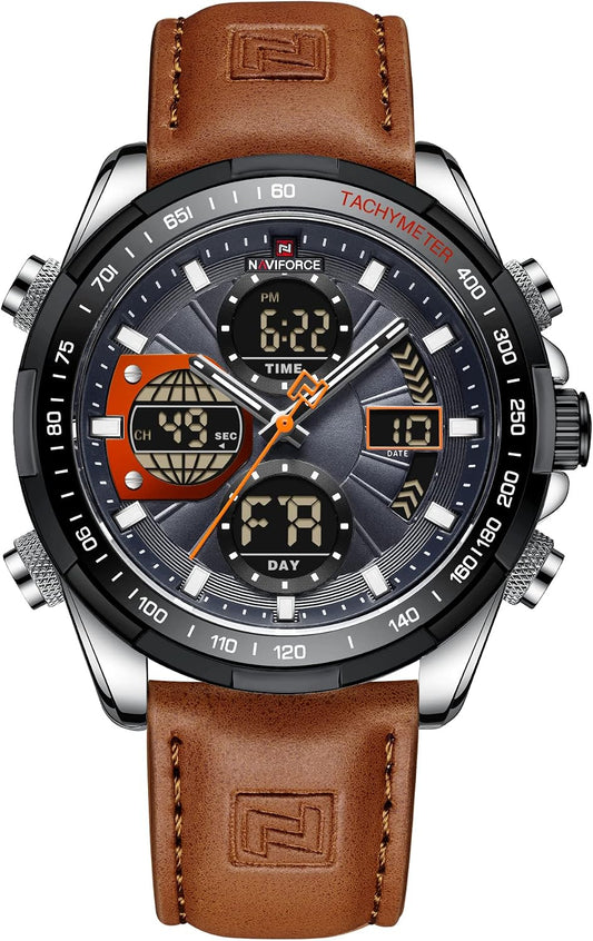 HOTNAVIFORCE Men's Military Digital Watches Analog Quartz Waterproof Watch Sport Multifunctional Leather Wristwatch