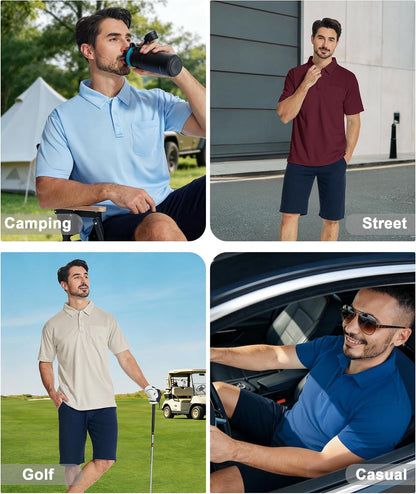 HOTZITY 5 Pack Polo Shirts for Men with Pocket Dry Quickly Short Sleeve Athletic Outdoor Work Collared Shirts