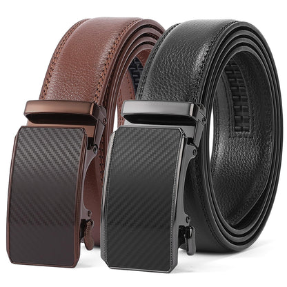 HOTSENDEFN 2 Pack Ratchet Belt Men, Men Leather Belts in Gift Set Box for Dress Casual, Size Adjustable Trim to Fit