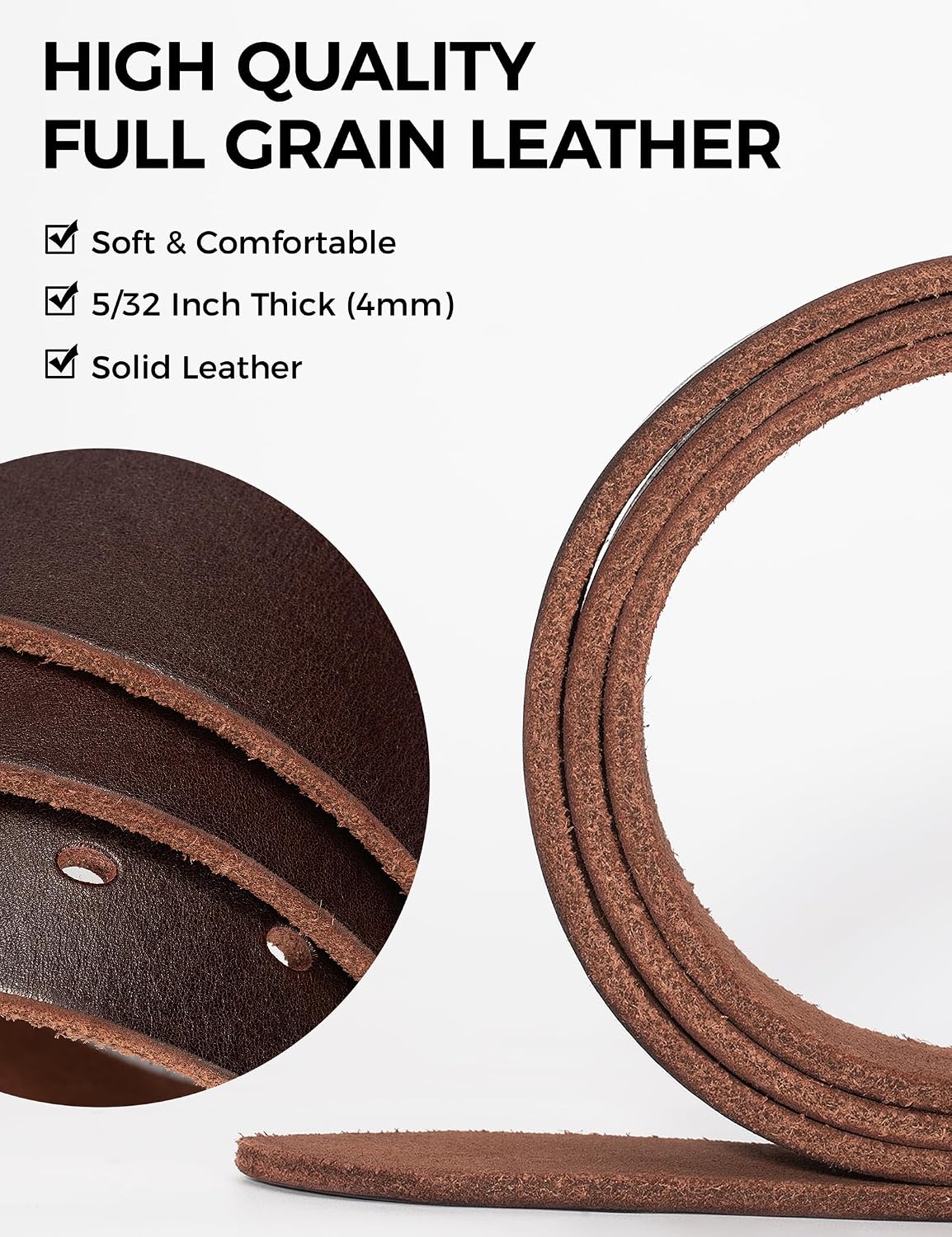 HOTNo Buckle Full Grain Leather Belt Men Women Fits With 1.5 Inch Buckle