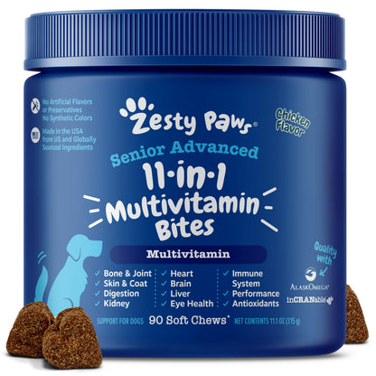HOTZesty Paws Dog Multivitamin, Chewable Dog Vitamins and Supplements for Hip & Joints, Skin & Coat, Omega 3 Fish Oil for Dogs- Senior & Puppy Multivitamin- Chicken- 90ct