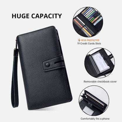 HOTBveyzi Women's Big Fat Rfid Leather Wristlet Wallet Organizer Large Phone Checkbook Holder with Zipper Pocket (Black)