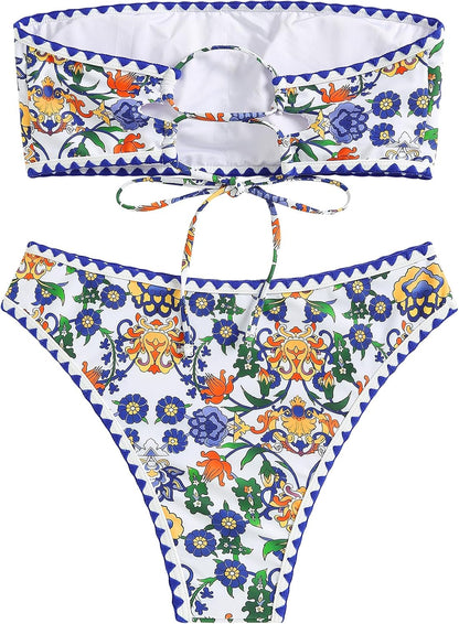 HOTZAFUL Women Strapless Bandeau Bikini 2 Piece Swimwear Lace up Bathing Suits | Strapless Textured Bikini Set Cheeky Solid Bandeau Bathing Suits