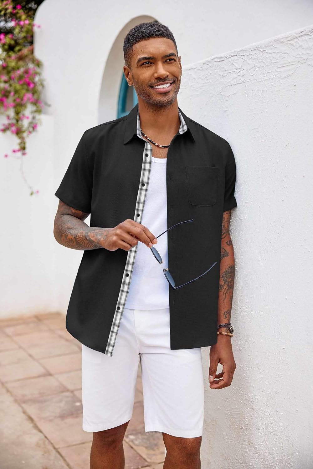 HOTCOOFANDY Men's Button Down Shirts Short Sleeve Casual Summer Beach Vacation Wedding Shirt with Pocket