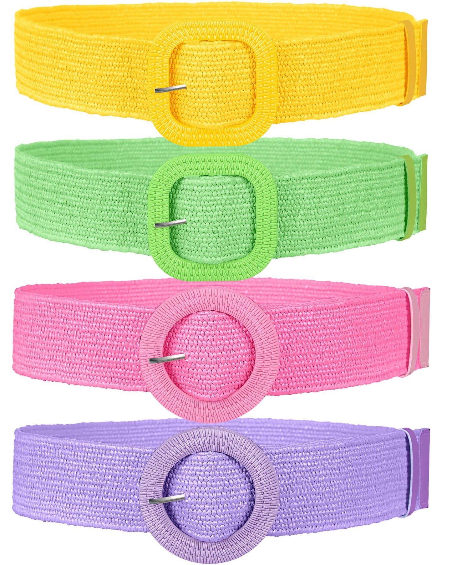 HOTWILLBOND 4 Pcs Women's Elastic Raffia Woven Belt, Boho Rattan Buckle Stretch Straw Wide Waist Belt for Dresses Jeans Pants