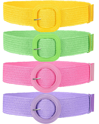 HOTWILLBOND 4 Pcs Women's Elastic Raffia Woven Belt, Boho Rattan Buckle Stretch Straw Wide Waist Belt for Dresses Jeans Pants